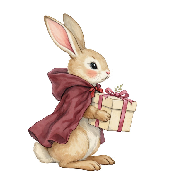 rabbit wearing a red hooded cloak holding a gift box fabric panel
