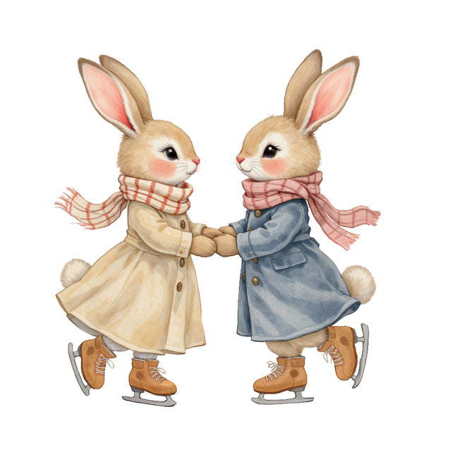  bunnies in winter clothing holding hands on ice skates fabric panel