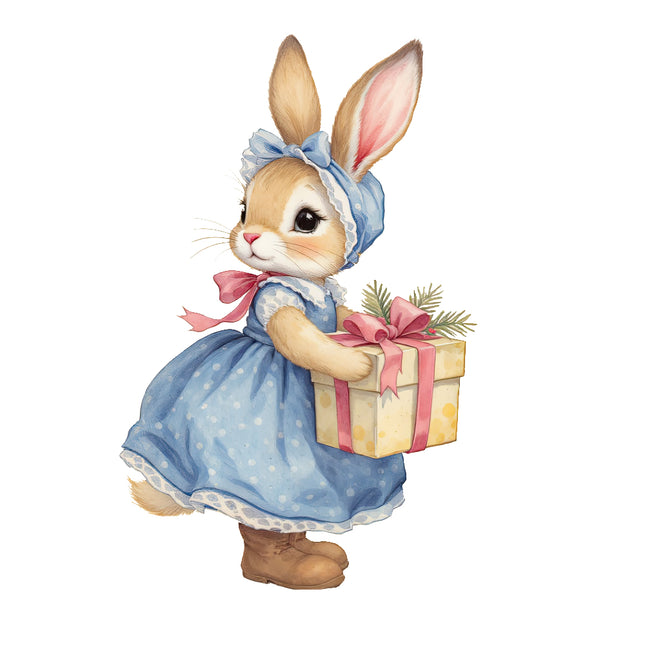 bunny in a blue dress holding a gift box fabric panel