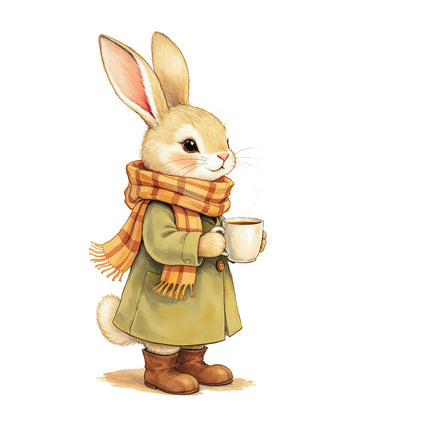 rabbit wearing a coat and scarf, holding a cup fabric panel