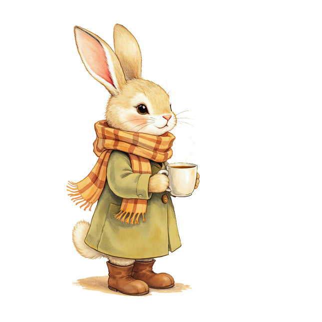 rabbit wearing a coat and scarf, holding a cup fabric panel