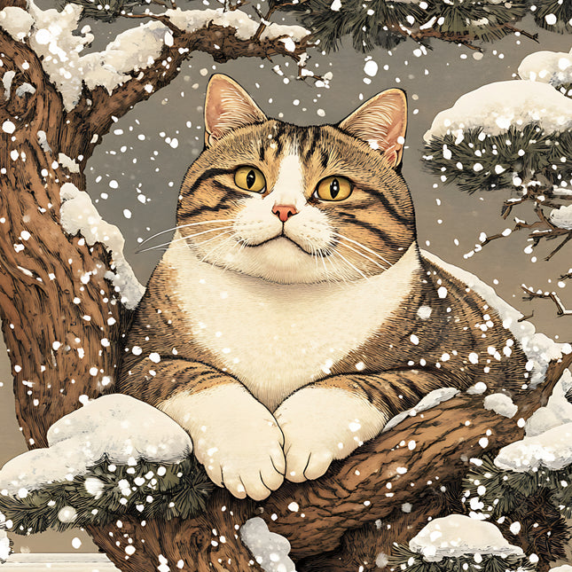 Cat sitting on a snowy branch with snowflakes fabric panel