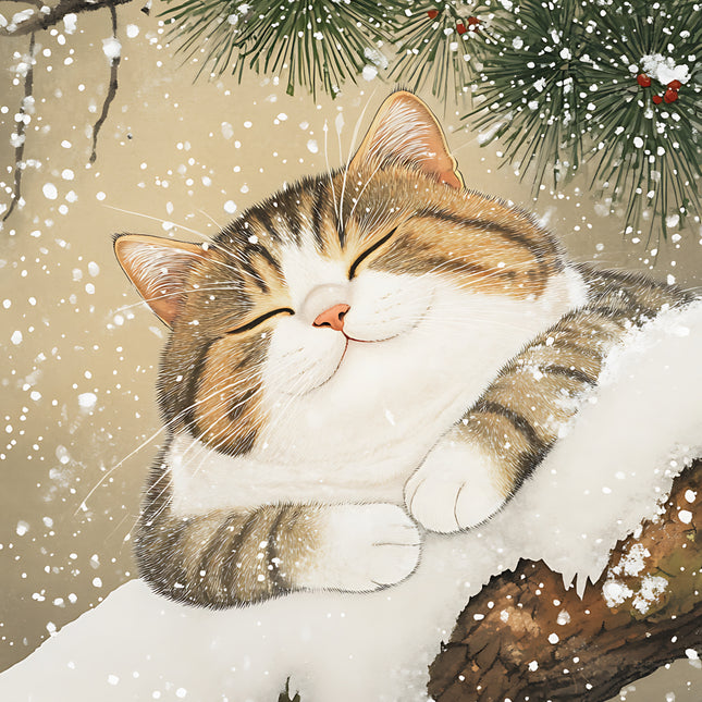 Cat sleeping in the snow with pine branches and falling snowflakes fabric panel