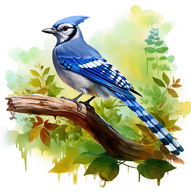 Blue jay bird perched on a branch with a colorful leafy background fabric panel