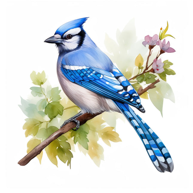 Blue jay bird perched on a branch with leaves and flowers fabric panel