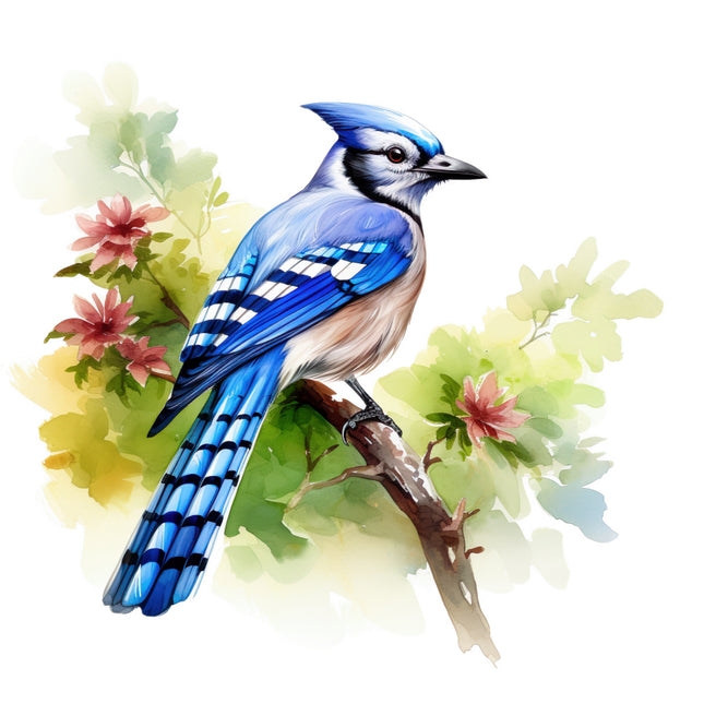 Blue jay bird on a branch with flowers and leaves fabric panel