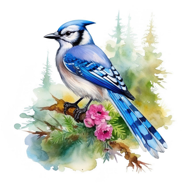 Blue jay bird perched on a branch fabric panel
