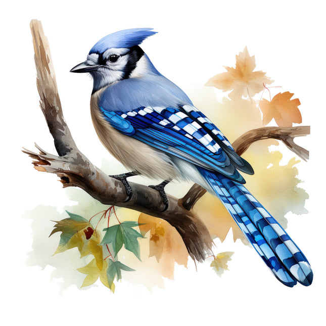 Blue jay perched on a branch fabric panel