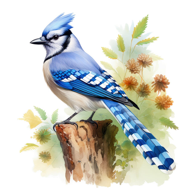 Blue jay bird perched on a branch fabric panel