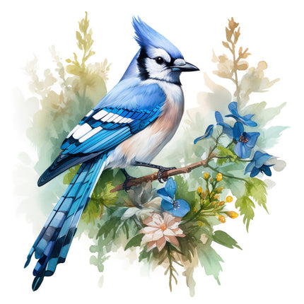 Blue jay bird perched on a branch quilt block