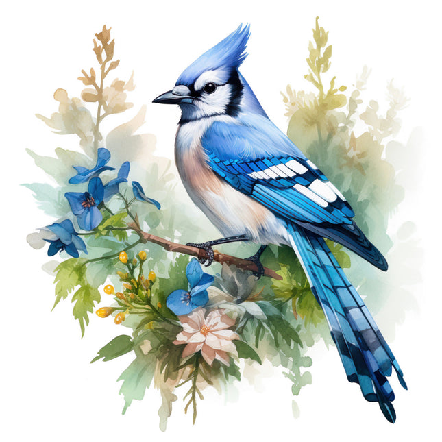 Blue jay bird perched on a branch fabric panel
