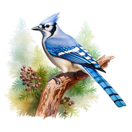 Blue jay bird perched on a branch fabric panel