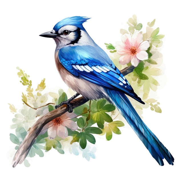 Blue jay bird perched on a branch fabric panel