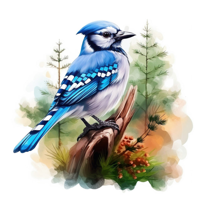 Blue jay bird perched on a branch fabric panel