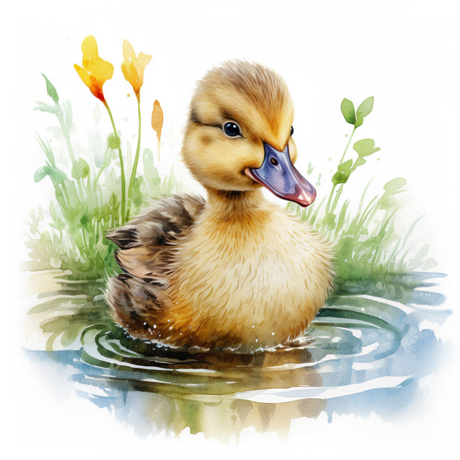 duckling surrounded by flowers and grass on water fabric panel