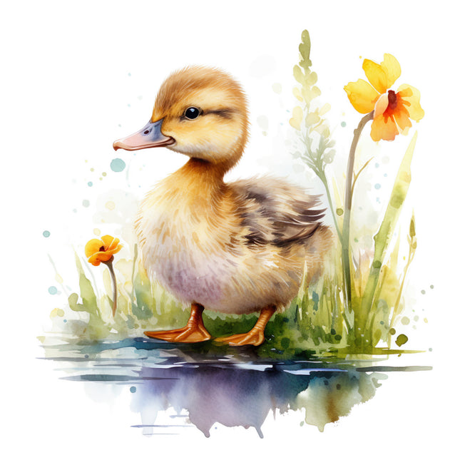 duckling surrounded by flowers and grass on water fabric panel