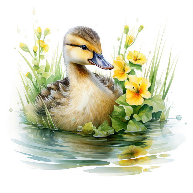 duckling surrounded by flowers and grass on water fabric panel
