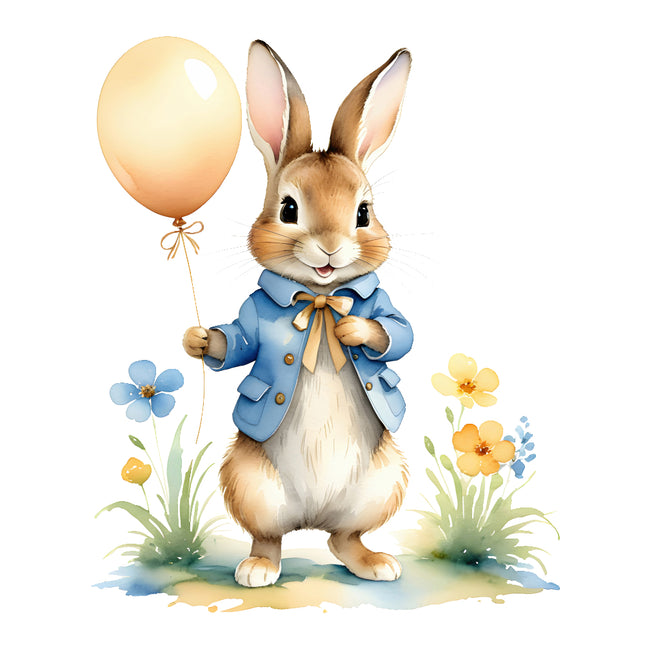 rabbit in a blue coat holding a balloon fabric panel