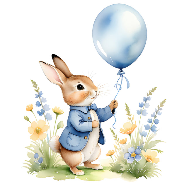 rabbit with blue balloon fabric panel