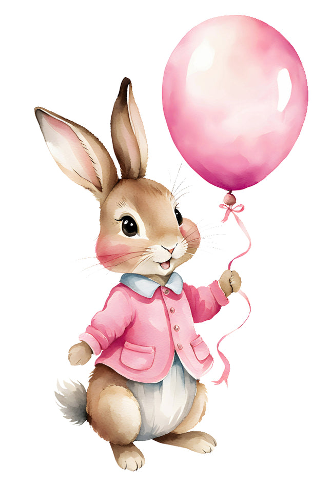 rabbit holding pink balloon fabric panel