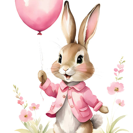 rabbit holding pink balloons quilt block