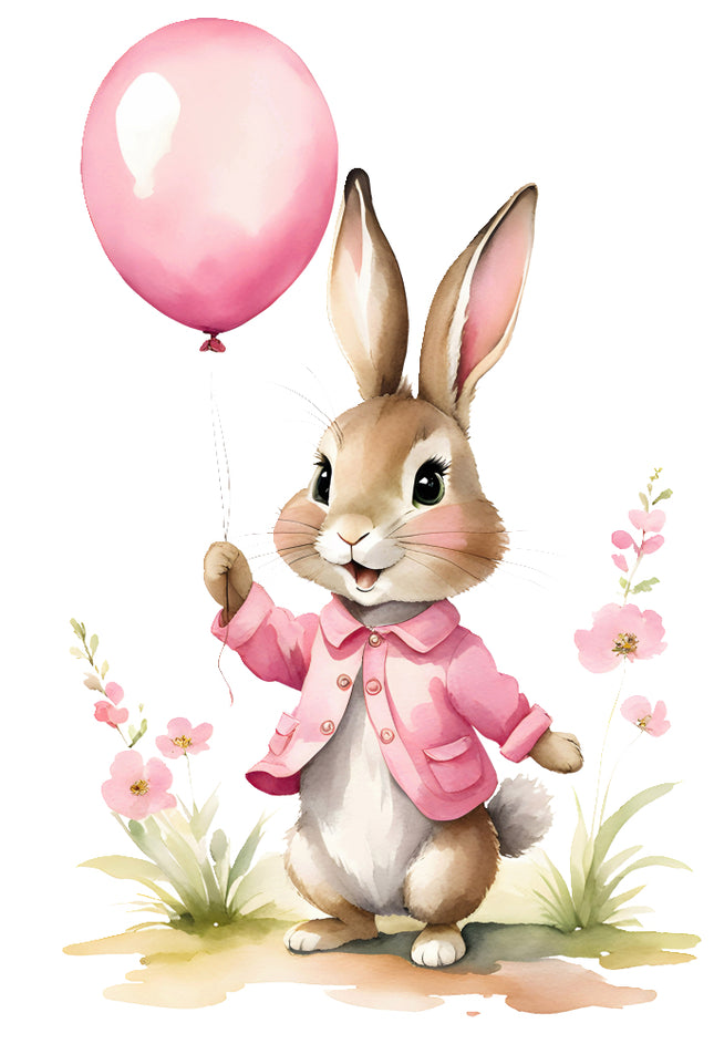 rabbit holding pink balloons quilt block