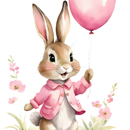 rabbit holding pink balloon fabric panel