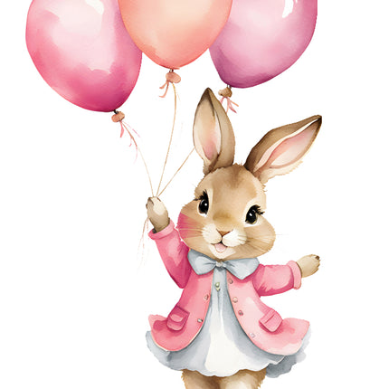 rabbit holding pink balloons fabric panel
