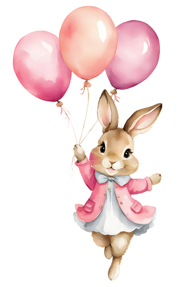 rabbit holding pink balloons fabric panel