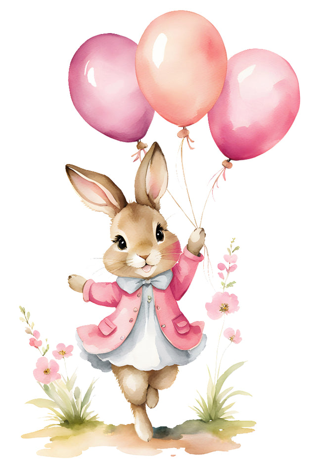 rabbit holding pink balloons quilt block