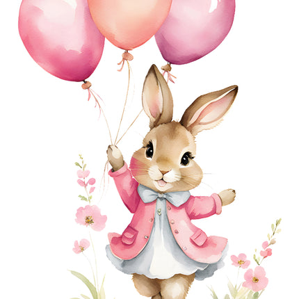 rabbit holding pink balloons fabric panel