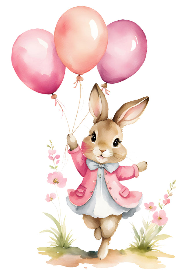 rabbit holding pink balloons fabric panel