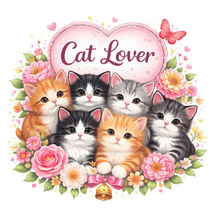 kittens surrounded by flowers and a 'Cat Lover' heart fabric panel