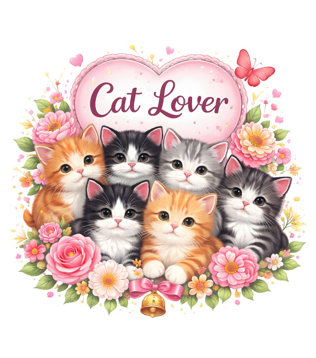 kittens surrounded by flowers and a 'Cat Lover' heart fabric panel