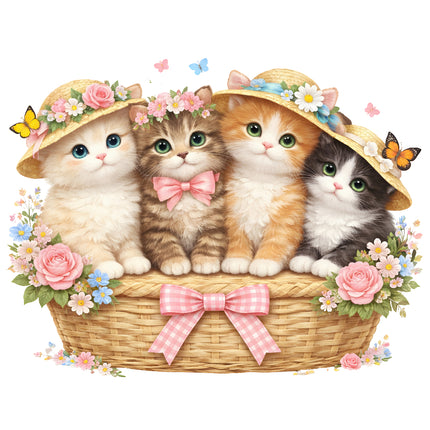 Four kittens in a basket with floral hats fabric panel