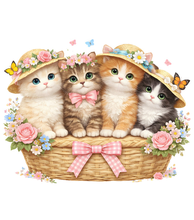 Four kittens in a basket with floral hats fabric panel