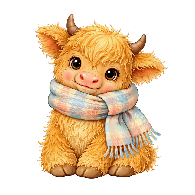 Highland cow wearing a plaid scarf fabric panel