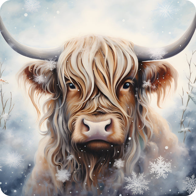 A digitally printed 100% cotton fabric panel featuring a Highland cow with snowflakes in the background.