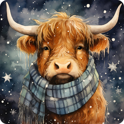 A digitally printed 100% cotton fabric panel featuring a Highland cow with a scarf, against a snowy background with stars.