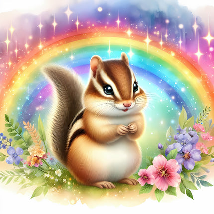 A digitally printed 100% cotton fabric panel featuring a cute chipmunk with a rainbow and flowers in the background.