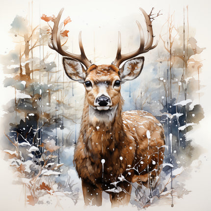 Deer in a forest with snowfall fabric panel
