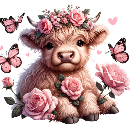 A fabric panel featuring a digital print of a highland cow with roses and butterflies.
