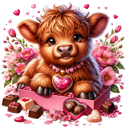 A digital print of a Highland cow inside a pink box quilt block