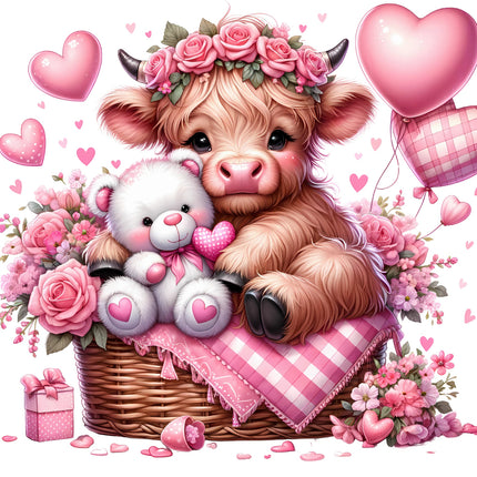 A digital print of a pink Valentine Highland cow with roses and a teddy bear in a basket, surrounded by hearts.