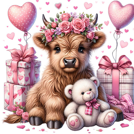A digitally printed 100% cotton fabric panel featuring a pink Highland cow with a floral crown, sitting beside a teddy bear and with balloons and gifts in the background.