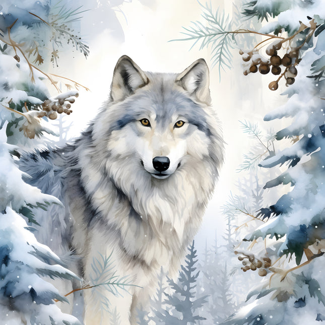 Wolf in a snowy forest with trees fabric panel