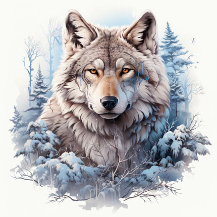 Wolf in a snowy forest fabric panel