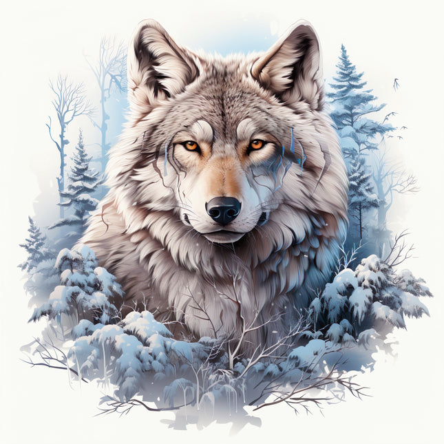 Wolf in a snowy forest fabric panel