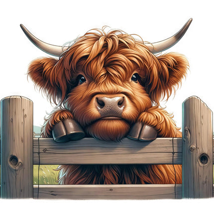 A digitally printed 100% cotton fabric panel featuring a block design with a highland cow behind a fence.