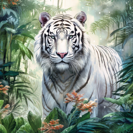 A fabric panel featuring a digitally printed white tiger in a jungle setting.